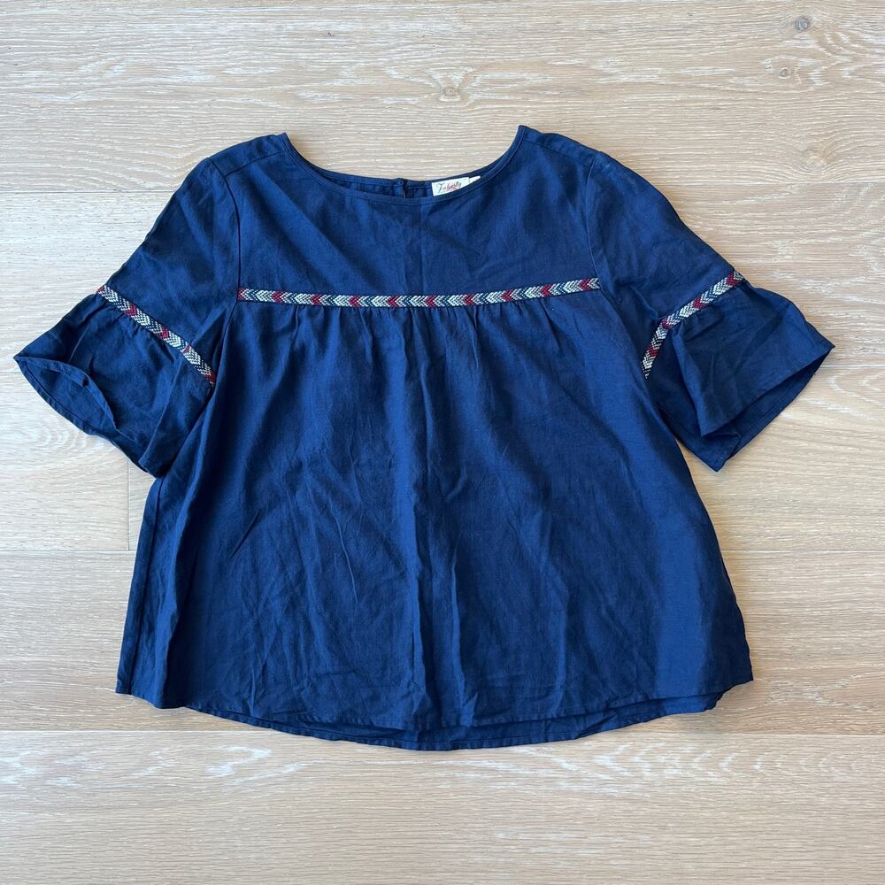 Faherty Folk Yoke Blouse Women’s Navy Blue Boho Trim Short Sleeve Top